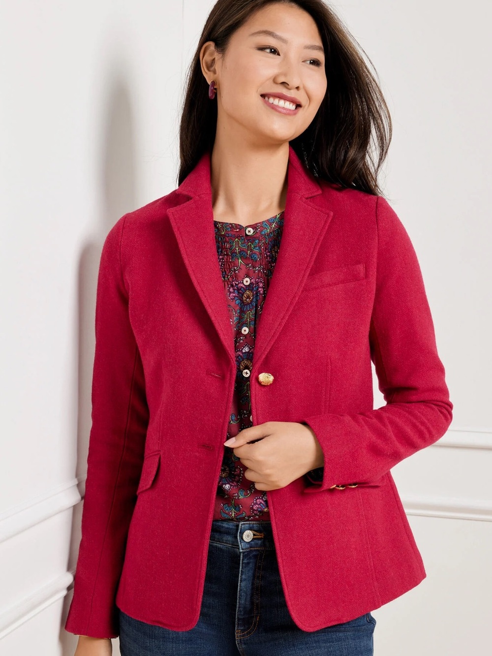 Talbots Aberdeen Red Wool Blend Blazer Gold Crest Buttons Floral Lined Size 14P
